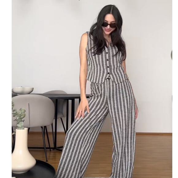 Zara Wide Leg Knit Pants Medium Black White Striped Neutral Minimalist Chic Prep - Picture 1 of 12